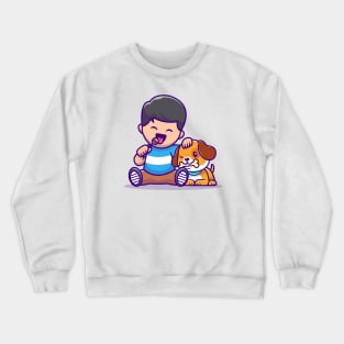 Cute Boy Eating Lollipop With Dog Eating Bone Crewneck Sweatshirt